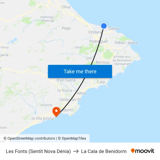 Les Fonts (Sentit Nova Dénia) to La Cala de Benidorm map