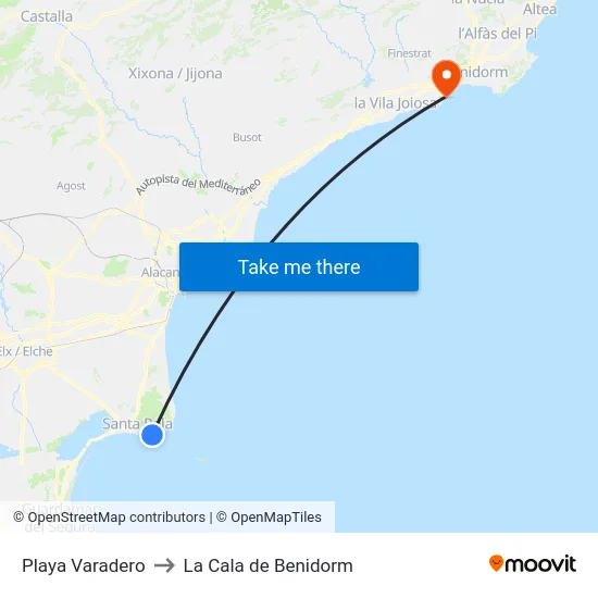 Playa Varadero to La Cala de Benidorm map