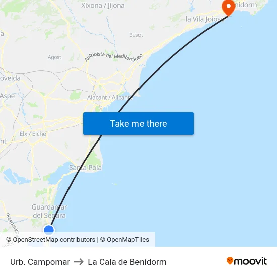Urb. Campomar to La Cala de Benidorm map