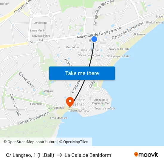 C/ Langreo, 1 (H.Bali) to La Cala de Benidorm map