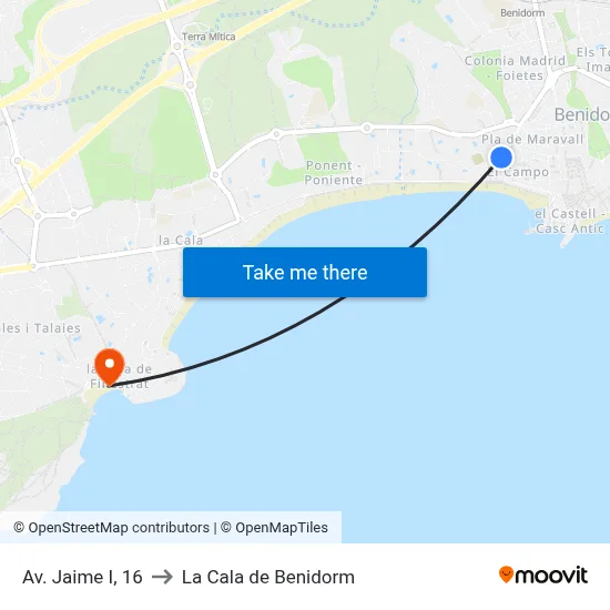 Av. Jaime I, 16 to La Cala de Benidorm map