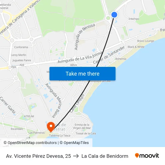 Av. Vicente Pérez Devesa, 25 to La Cala de Benidorm map