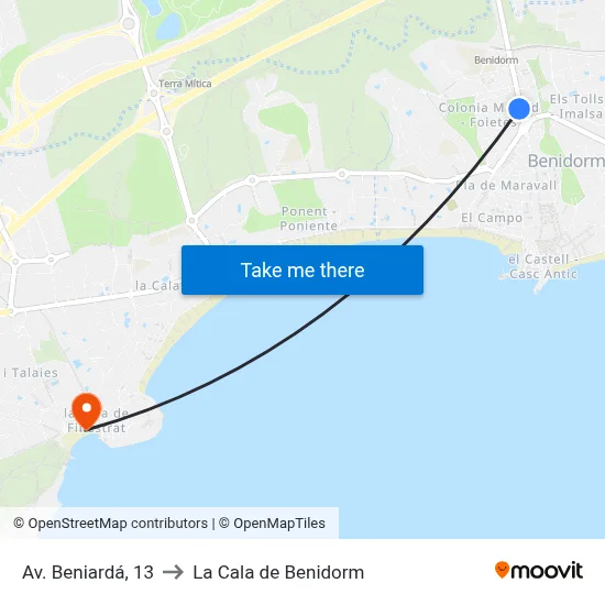 Av. Beniardá, 13 to La Cala de Benidorm map