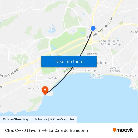 Ctra. Cv-70 (Tivoli) to La Cala de Benidorm map