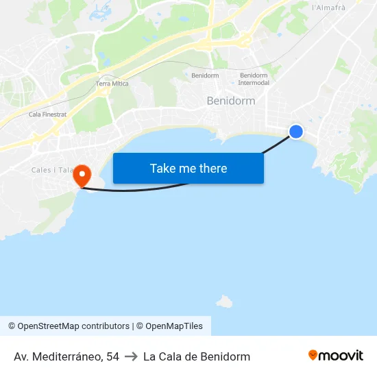 Av. Mediterráneo, 54 to La Cala de Benidorm map