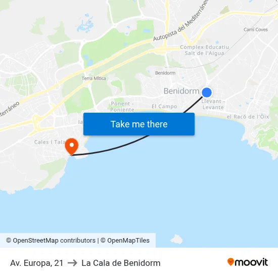 Av. Europa, 21 to La Cala de Benidorm map