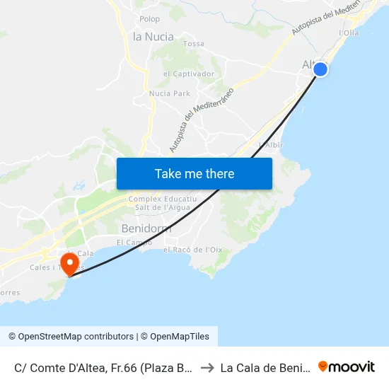 C/ Comte D'Altea, Fr.66 (Plaza Banderas) to La Cala de Benidorm map