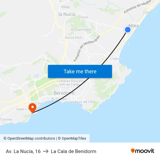 Av. La Nucia, 16 to La Cala de Benidorm map