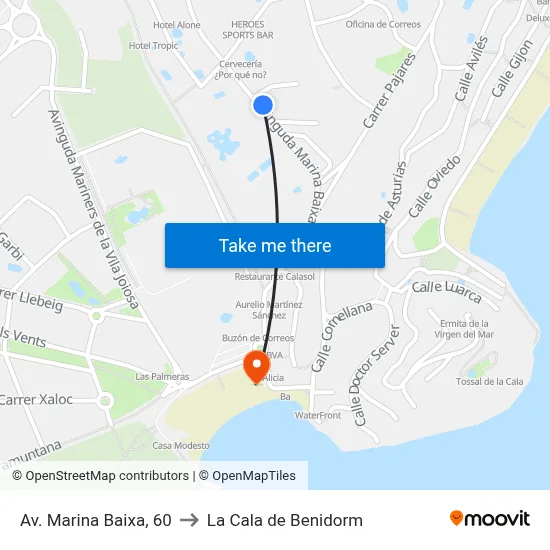 Av. Marina Baixa, 60 to La Cala de Benidorm map