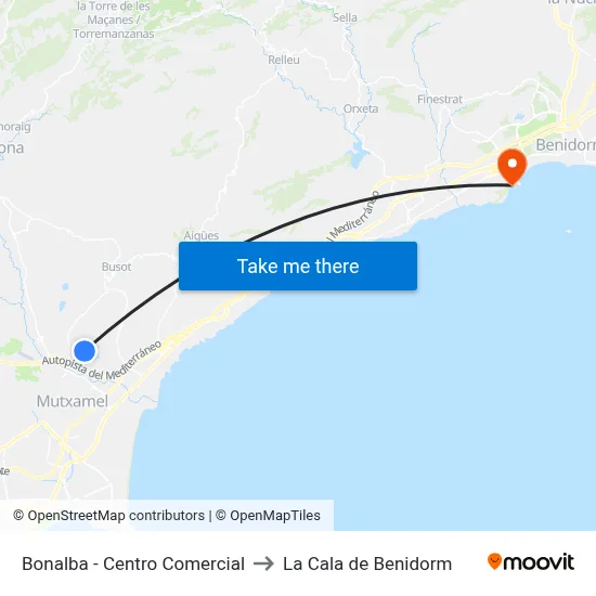 Bonalba - Centro Comercial to La Cala de Benidorm map