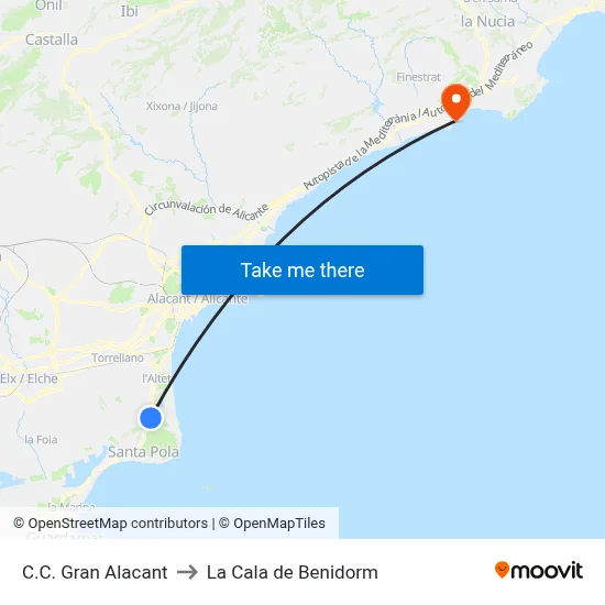 C.C. Gran Alacant to La Cala de Benidorm map