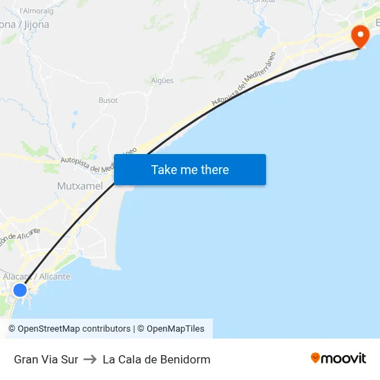 Gran Via Sur to La Cala de Benidorm map