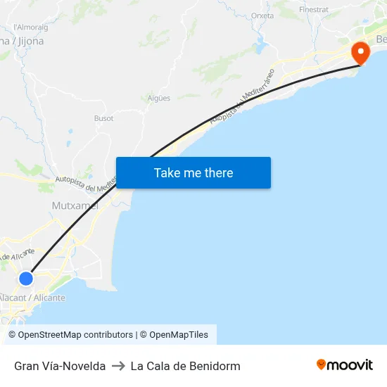 Gran Vía-Novelda to La Cala de Benidorm map