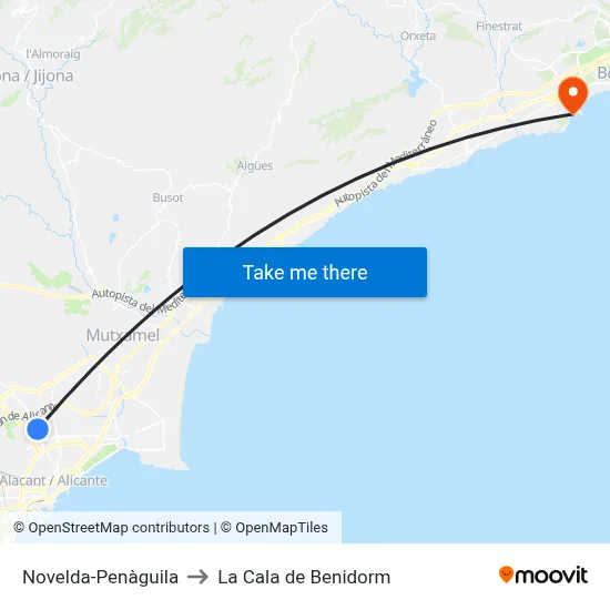 Novelda-Penàguila to La Cala de Benidorm map