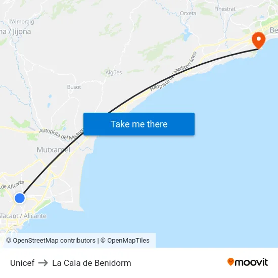 Unicef to La Cala de Benidorm map