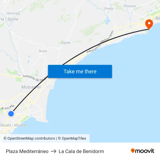 Plaza Mediterráneo to La Cala de Benidorm map