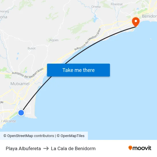 Playa Albufereta to La Cala de Benidorm map