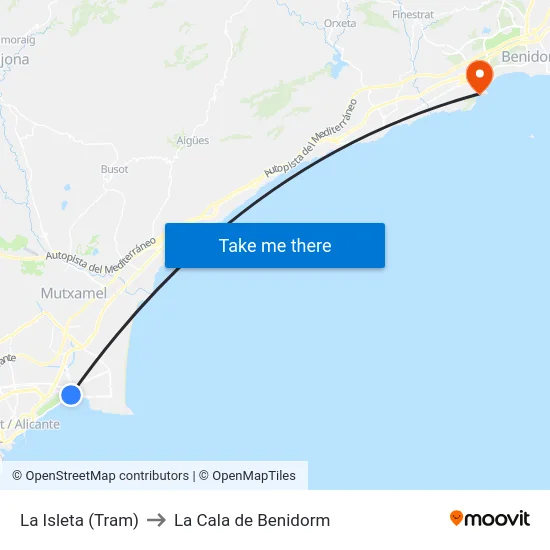 La Isleta (Tram) to La Cala de Benidorm map