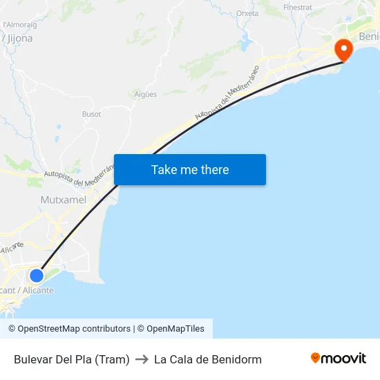 Bulevar Del Pla (Tram) to La Cala de Benidorm map