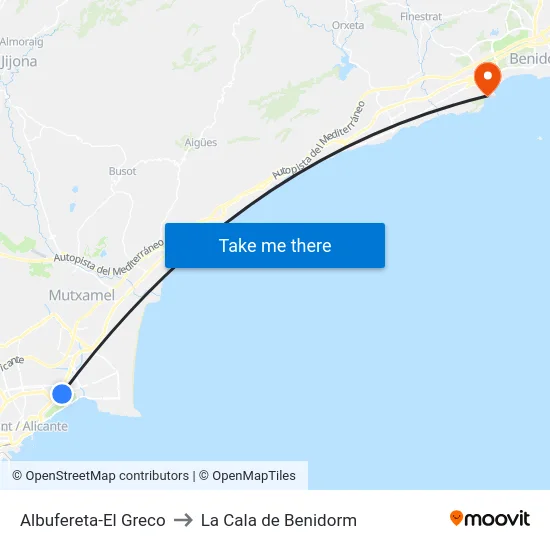Albufereta-El Greco to La Cala de Benidorm map