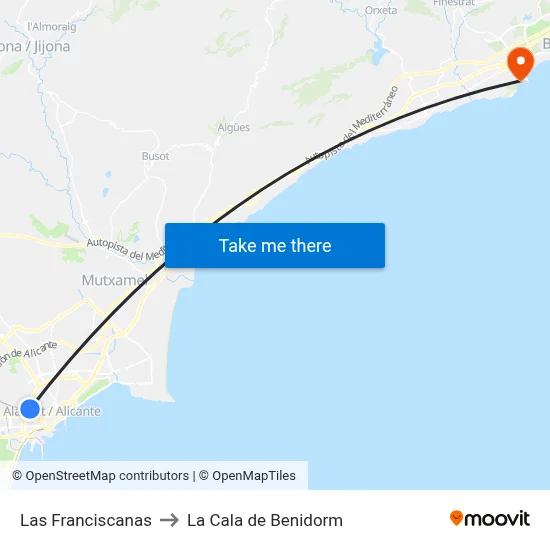 Las Franciscanas to La Cala de Benidorm map