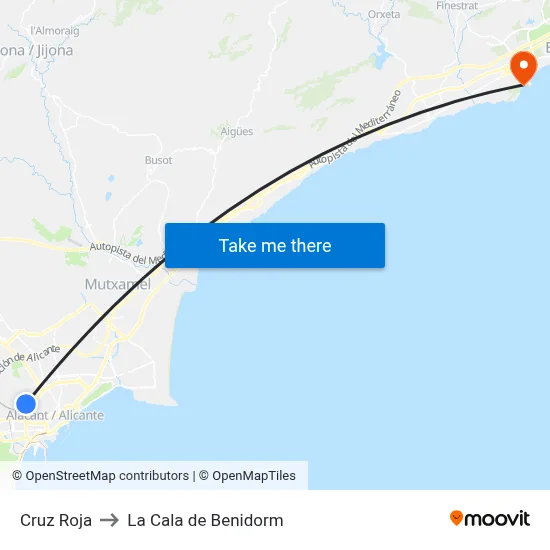 Cruz Roja to La Cala de Benidorm map