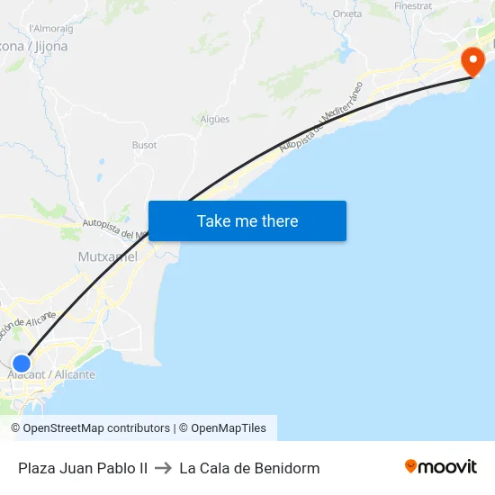 Plaza Juan Pablo II to La Cala de Benidorm map