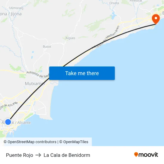 Puente Rojo to La Cala de Benidorm map