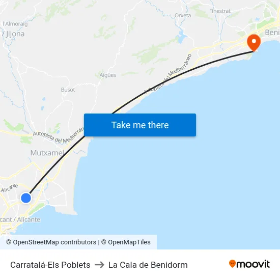Carratalá-Els Poblets to La Cala de Benidorm map