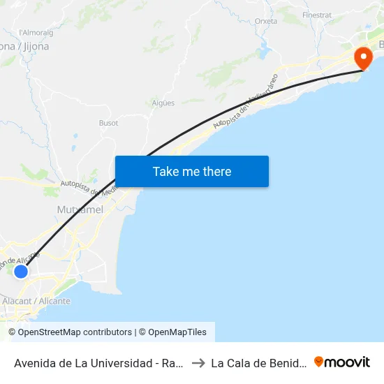 Avenida de La Universidad - Rabasa I to La Cala de Benidorm map