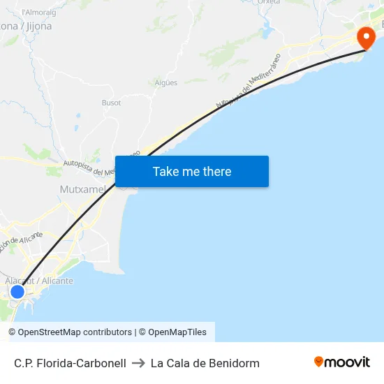 C.P. Florida-Carbonell to La Cala de Benidorm map