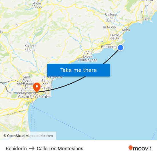 Benidorm to Calle Los Montesinos map