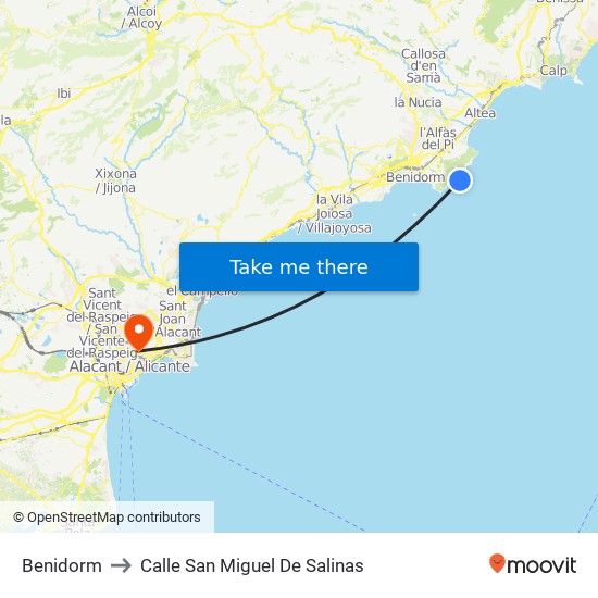 Benidorm to Calle San Miguel De Salinas map