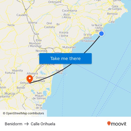 Benidorm to Calle Orihuela map