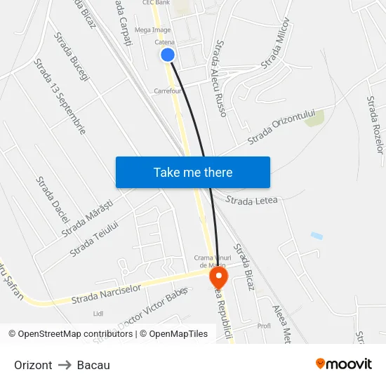 Orizont to Bacau map