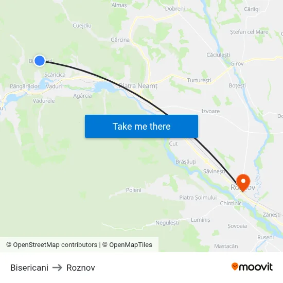 Bisericani to Roznov map