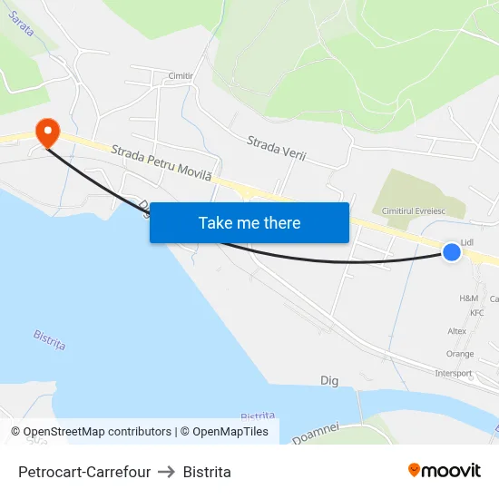 Petrocart-Carrefour to Bistrita map