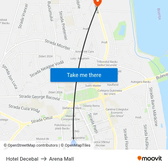Hotel Decebal to Arena Mall map