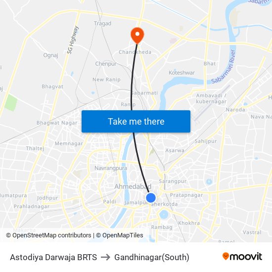 Astodiya Darwaja BRTS to Gandhinagar(South) map