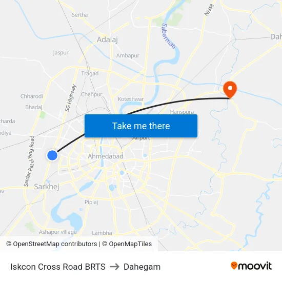 Iskcon Cross Road BRTS to Dahegam map