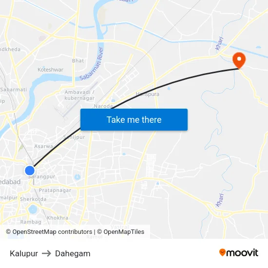 Kalupur to Dahegam map