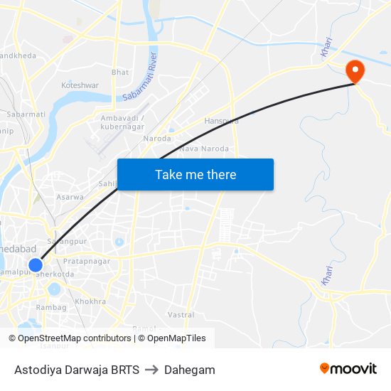 Astodiya Darwaja BRTS to Dahegam map