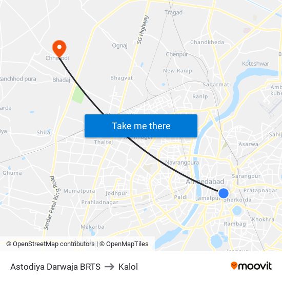 Astodiya Darwaja BRTS to Kalol map
