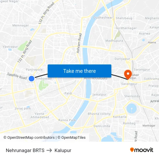 Nehrunagar BRTS to Kalupur map
