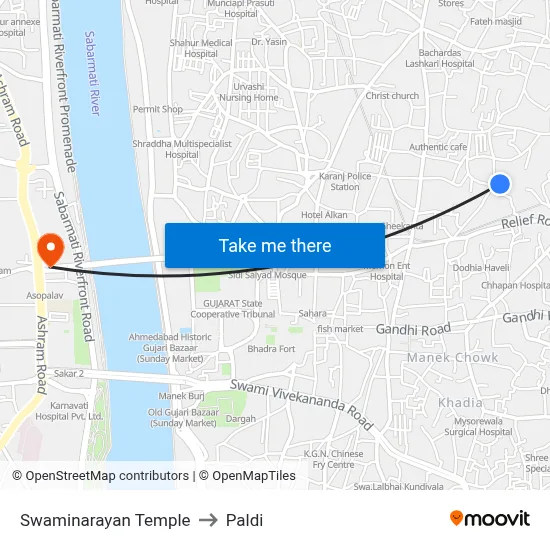 स्वामीनारायण मंदिर to पालडी map