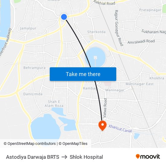 Astodiya Darwaja BRTS to Shlok Hospital map