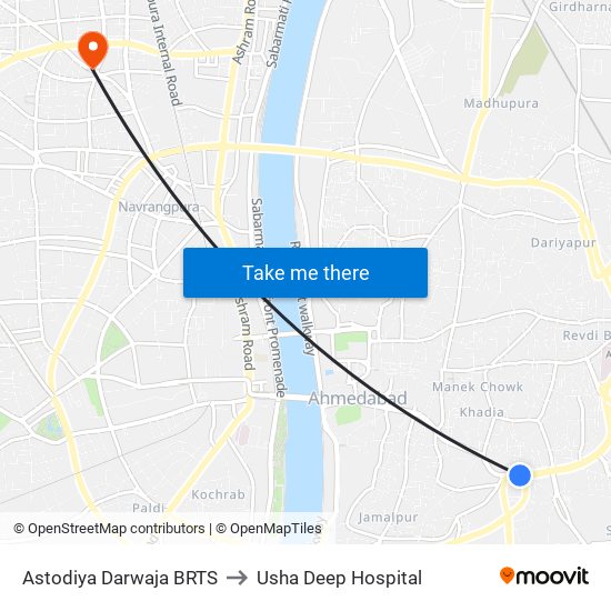 Astodiya Darwaja BRTS to Usha Deep Hospital map