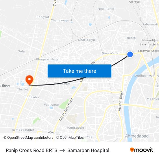 Ranip Cross Road BRTS to Samarpan Hospital map