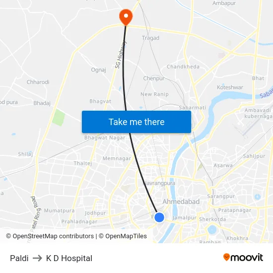 Paldi to K D Hospital map