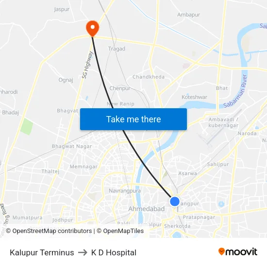 Kalupur Terminus to K D Hospital map